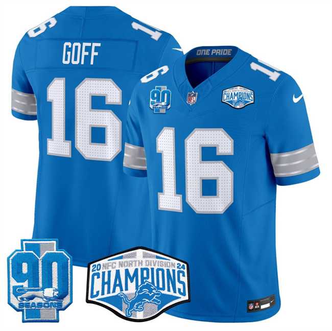 Mens Detroit Lions #16 Jared Goff Blue 2024 NFC North Champions 90th Anniversary Patch F.U.S.E. Vapor Limited Stitched Jersey